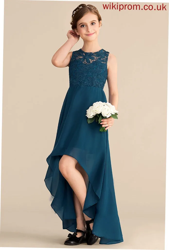 A-Line Chiffon Neck Junior Bridesmaid Dresses Scoop Lace Asymmetrical Arabella