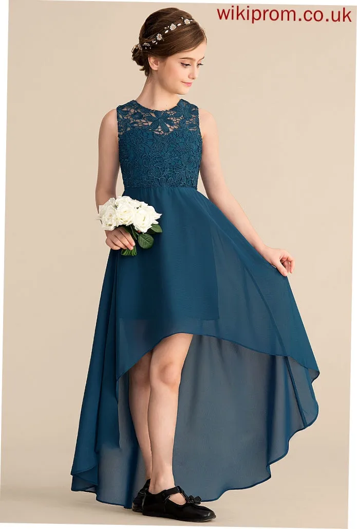 A-Line Chiffon Neck Junior Bridesmaid Dresses Scoop Lace Asymmetrical Arabella