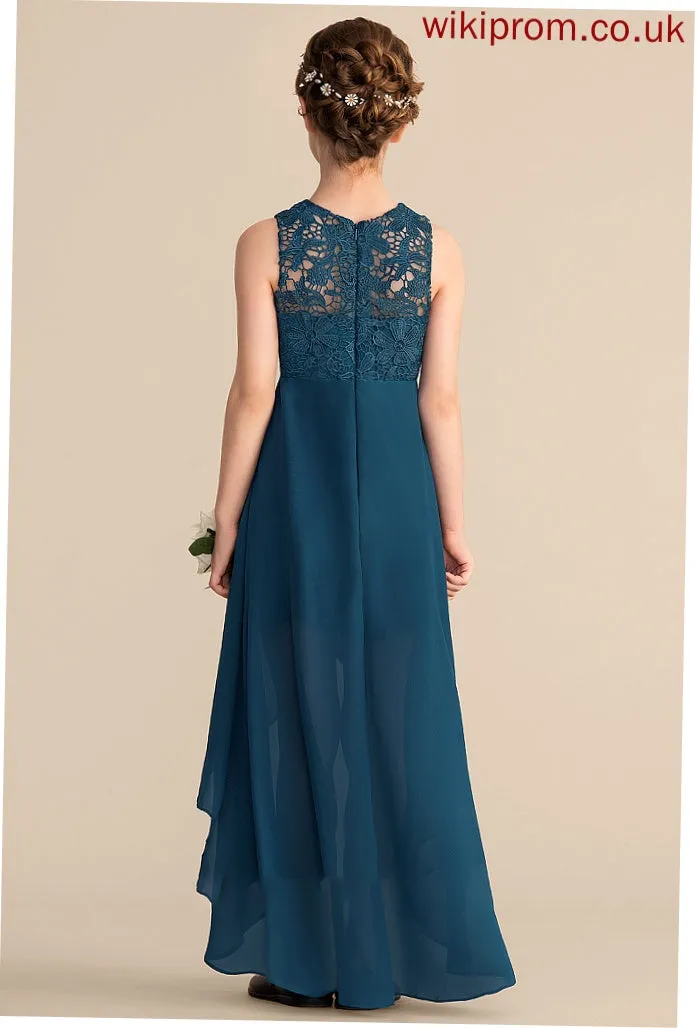 A-Line Chiffon Neck Junior Bridesmaid Dresses Scoop Lace Asymmetrical Arabella