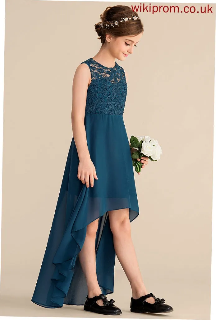 A-Line Chiffon Neck Junior Bridesmaid Dresses Scoop Lace Asymmetrical Arabella