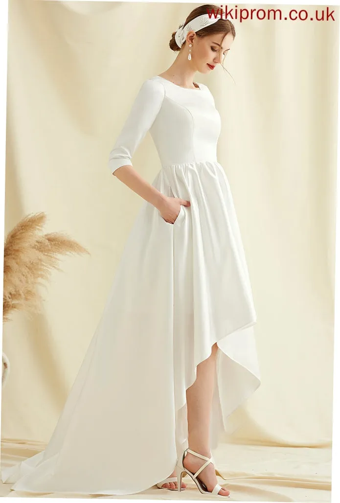 A-Line Neck With Dress Aliyah Wedding Asymmetrical Wedding Dresses Satin Scoop Pockets