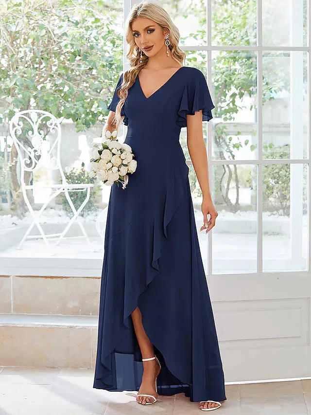 A-Line Wedding Guest Dresses Casual Dress Party Wear Asymmetrical Short Sleeve V Neck Chiffon with Ruffles