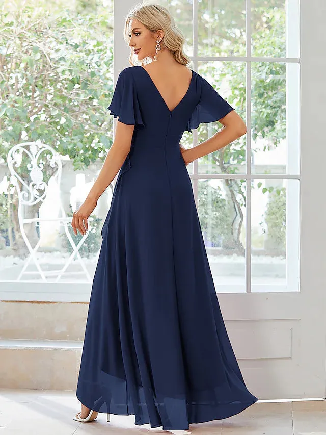 A-Line Wedding Guest Dresses Casual Dress Party Wear Asymmetrical Short Sleeve V Neck Chiffon with Ruffles