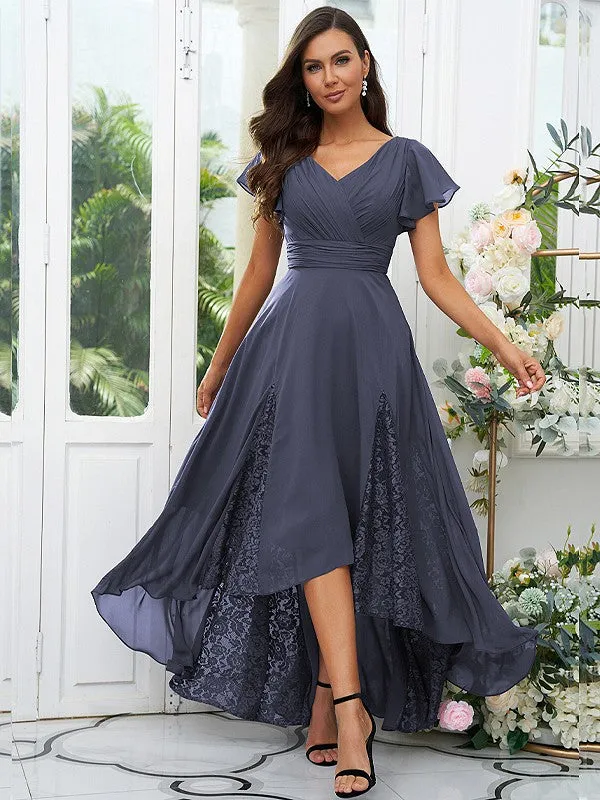 A-Line/Princess Chiffon Lace V-neck Short Sleeves Asymmetrical Bridesmaid Dresses