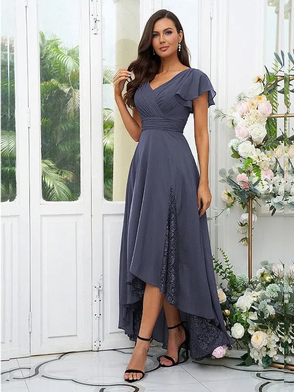 A-Line/Princess Chiffon Lace V-neck Short Sleeves Asymmetrical Bridesmaid Dresses