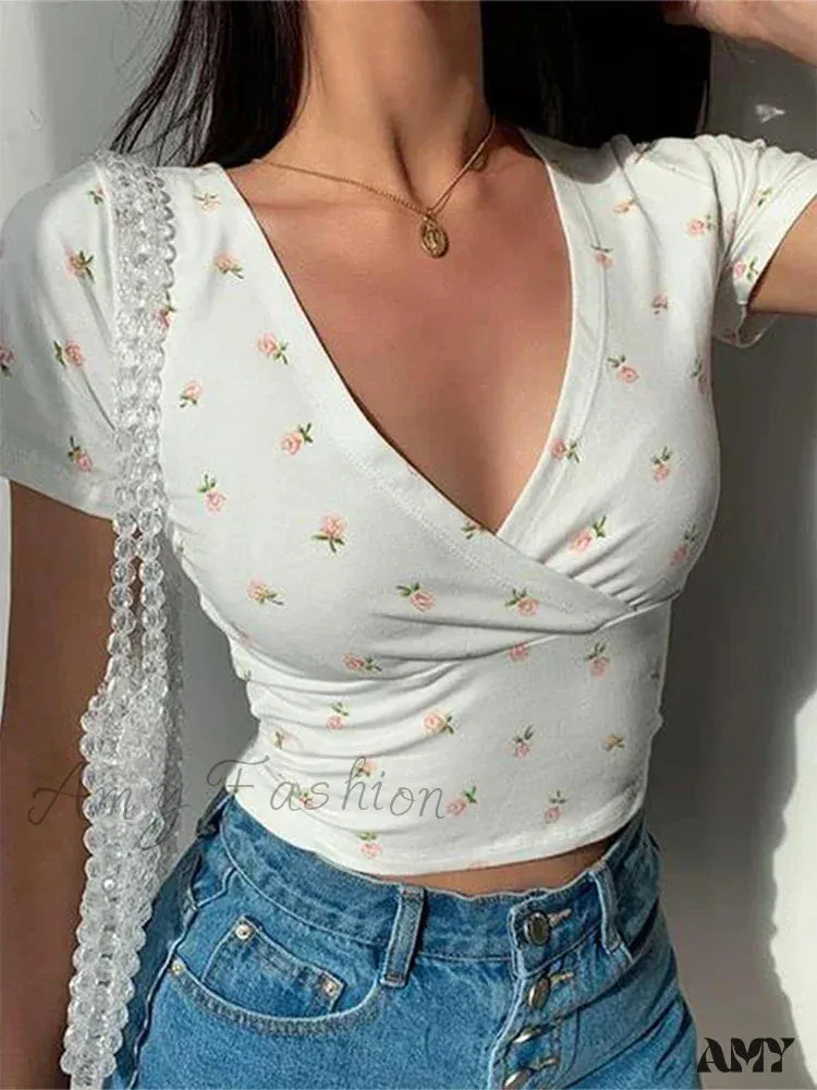 AMY FASHION - French Retro Floral V-neck Slim T-shirt Crop Top