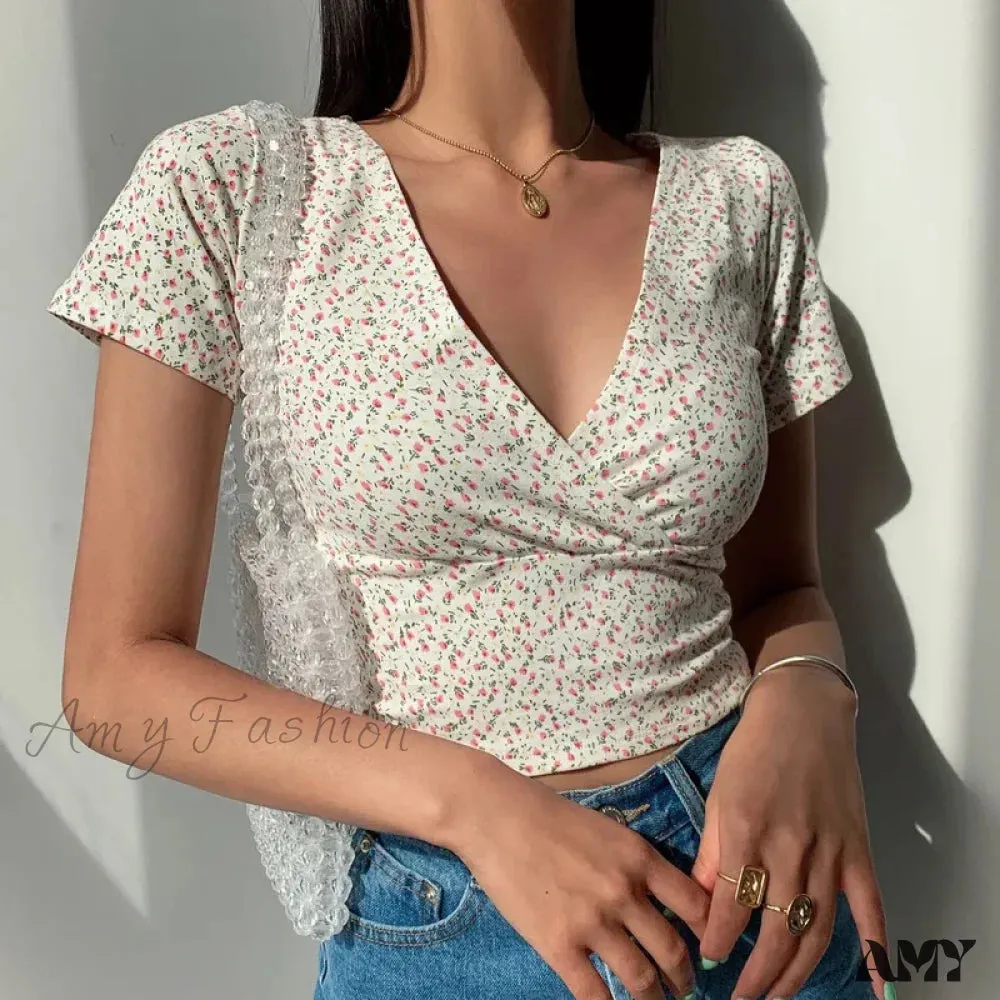 AMY FASHION - French Retro Floral V-neck Slim T-shirt Crop Top