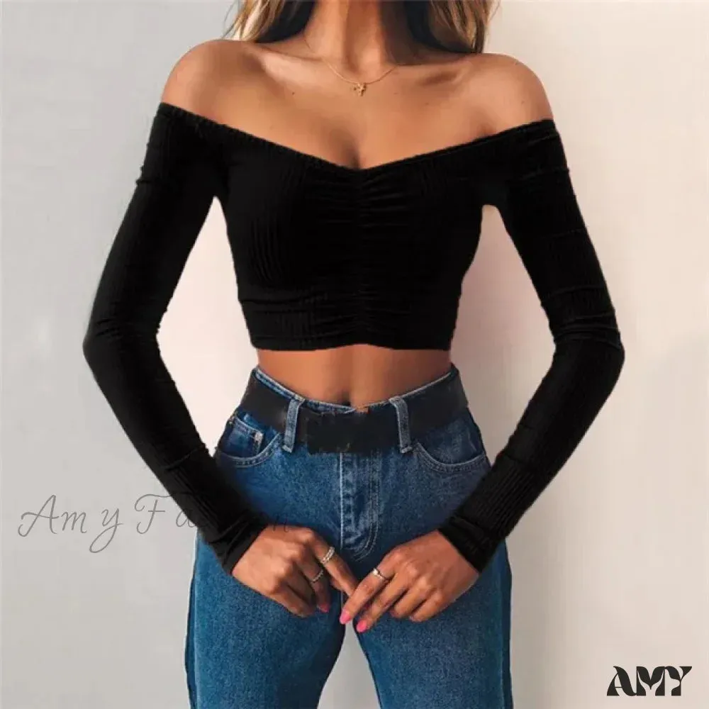 AMY FASHION - Sexy Club Fashion Off Shoulder Solid Color Autumn Crop Top