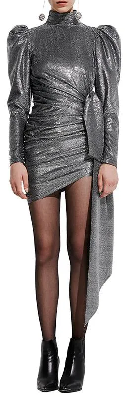 Asymmetrical Glitter Puff-Sleeve Mini Dress