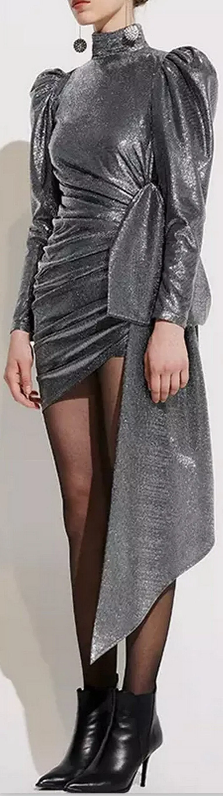 Asymmetrical Glitter Puff-Sleeve Mini Dress