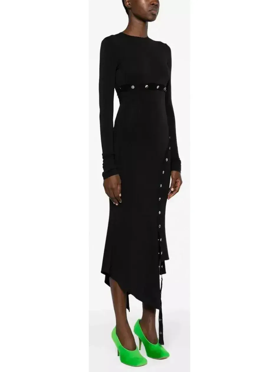 Asymmetrical Snap-Button Black Midi Dress