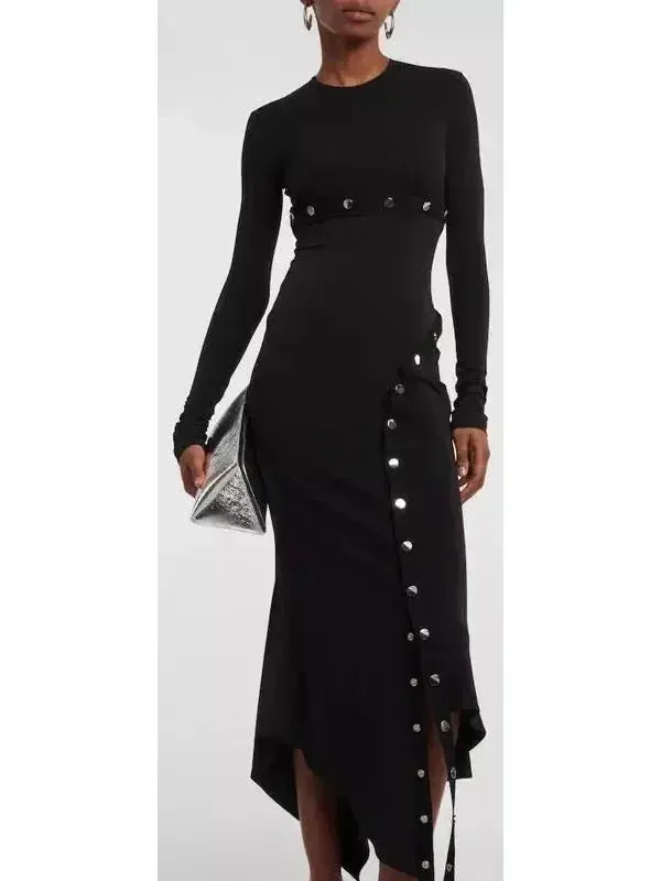 Asymmetrical Snap-Button Black Midi Dress