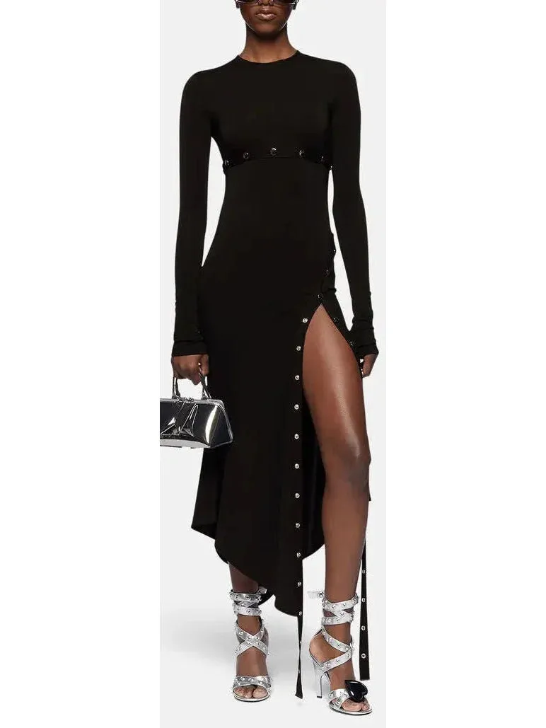 Asymmetrical Snap-Button Black Midi Dress