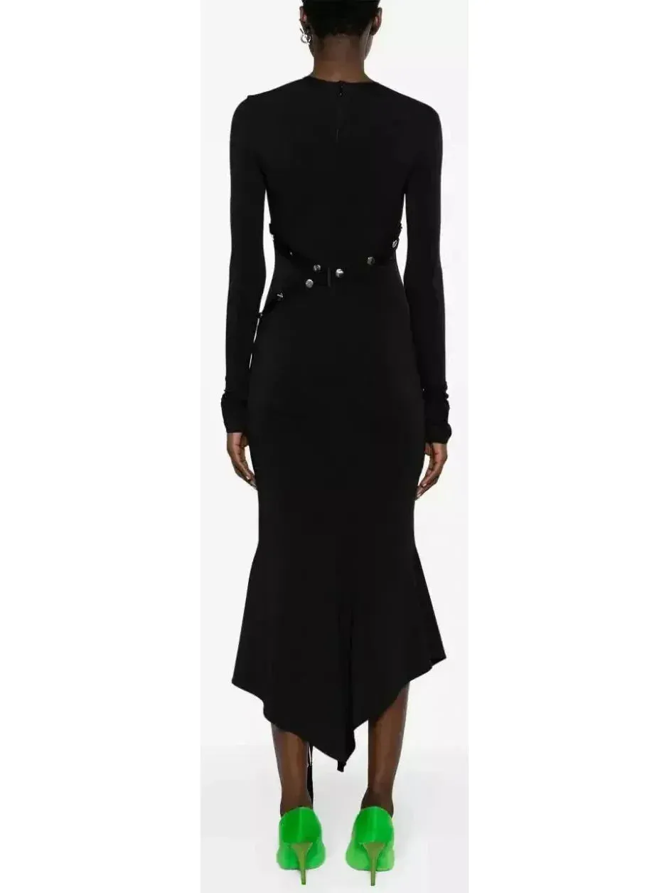 Asymmetrical Snap-Button Black Midi Dress