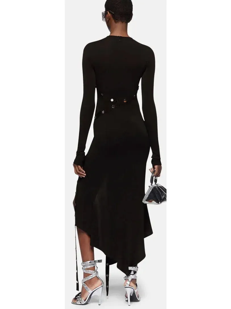 Asymmetrical Snap-Button Black Midi Dress