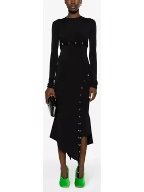 Asymmetrical Snap-Button Black Midi Dress