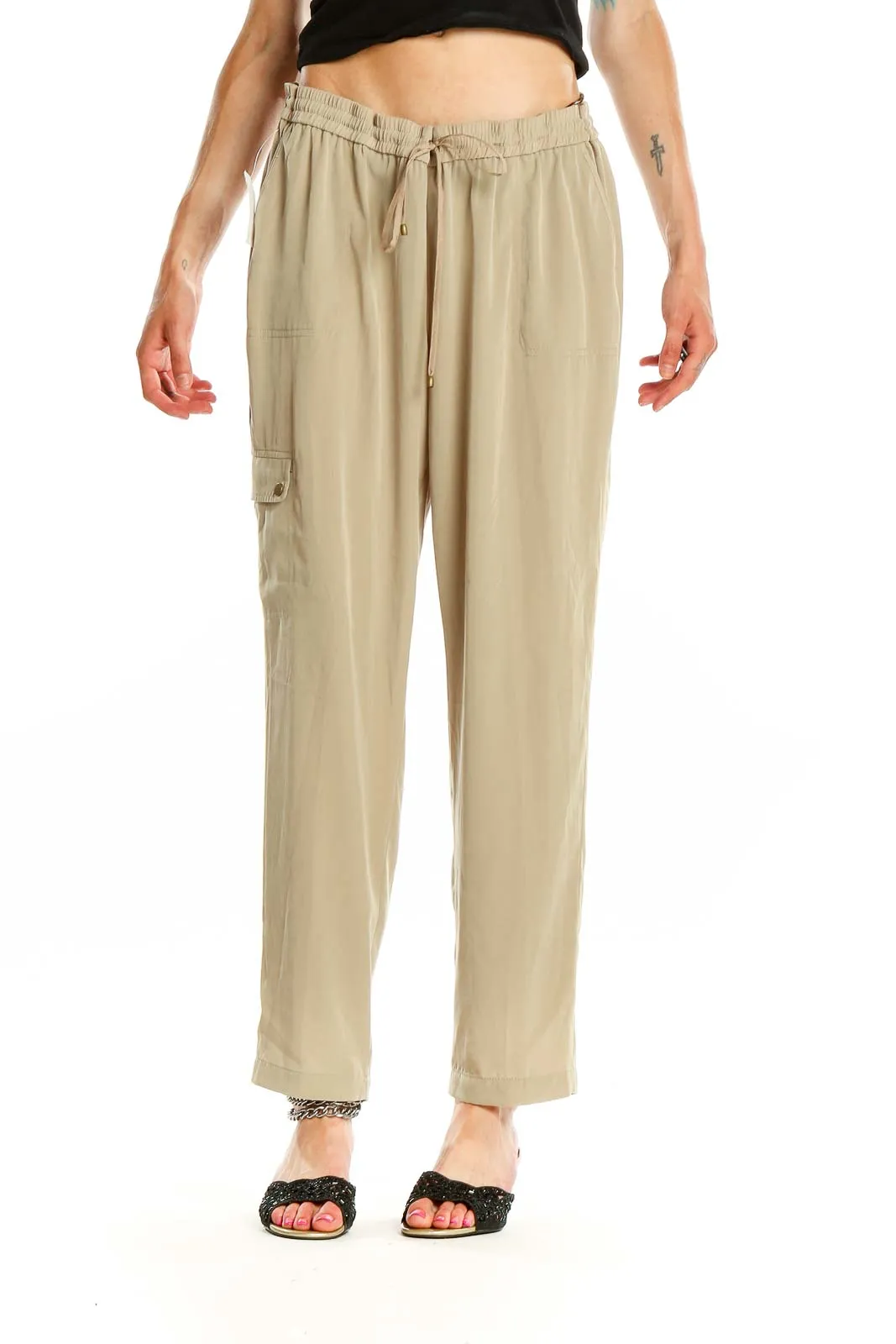 Beige Relaxed Fit Drawstring Pants