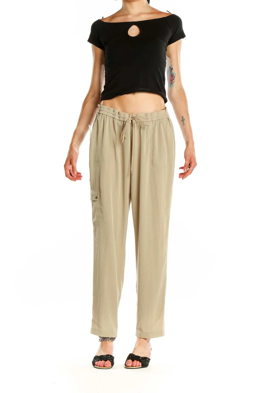 Beige Relaxed Fit Drawstring Pants