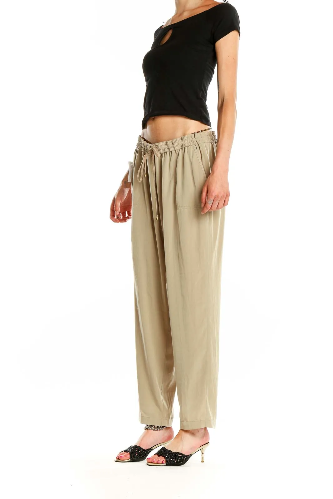 Beige Relaxed Fit Drawstring Pants