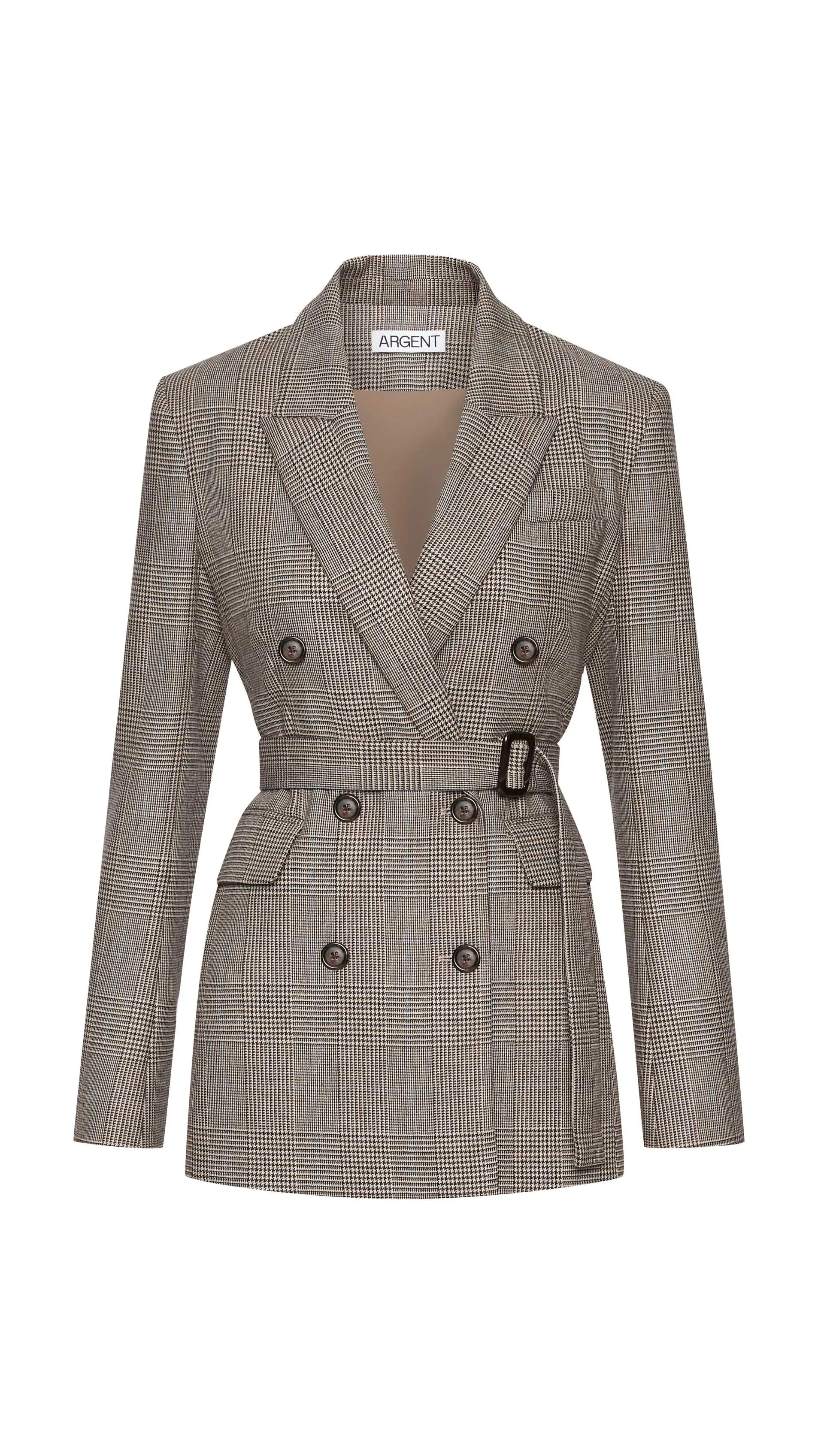 Belted Double-Breasted Blazer in Wool | Plaid Houndstooth