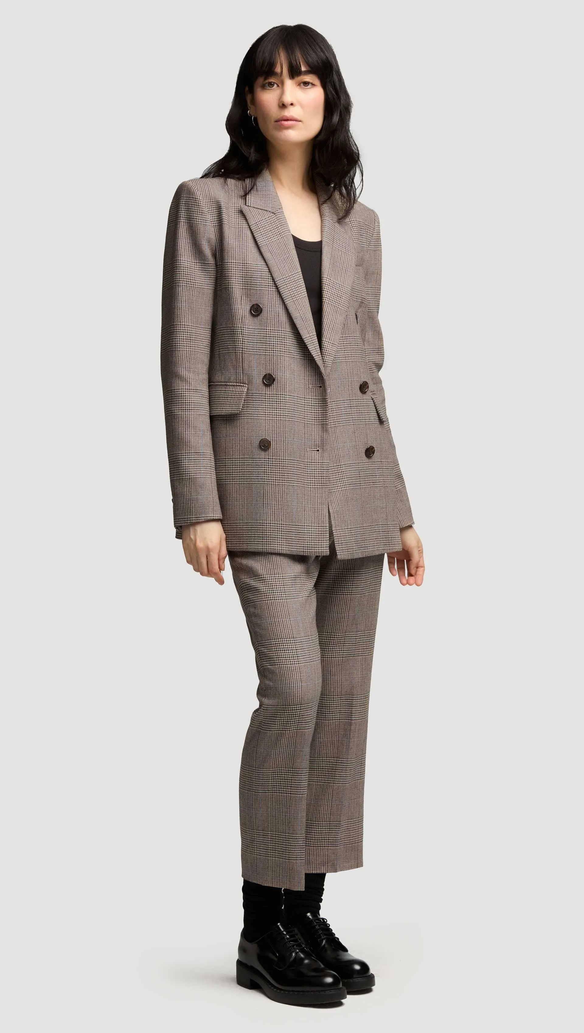 Belted Double-Breasted Blazer in Wool | Plaid Houndstooth