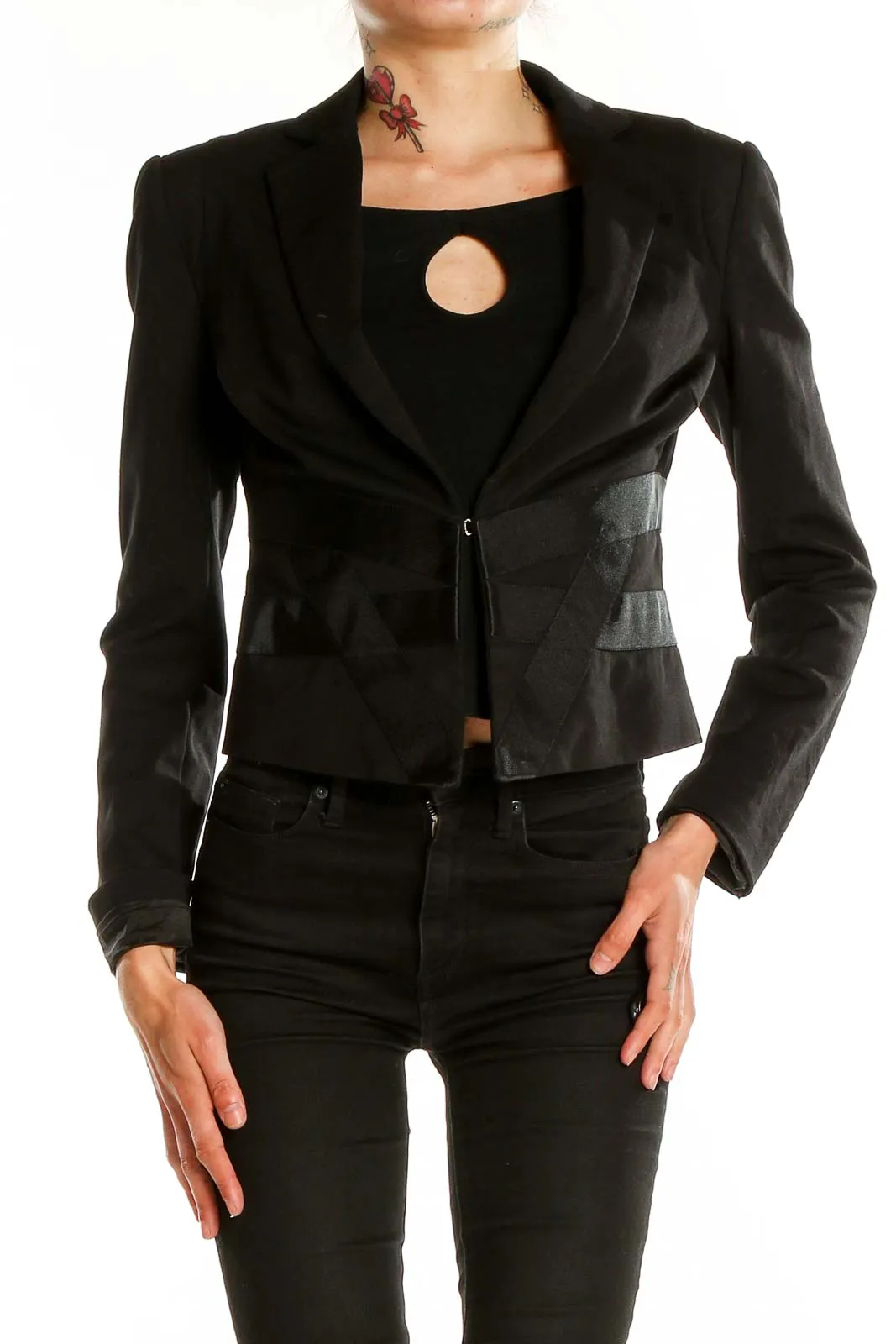 Black Cropped Blazer with Leather Panels