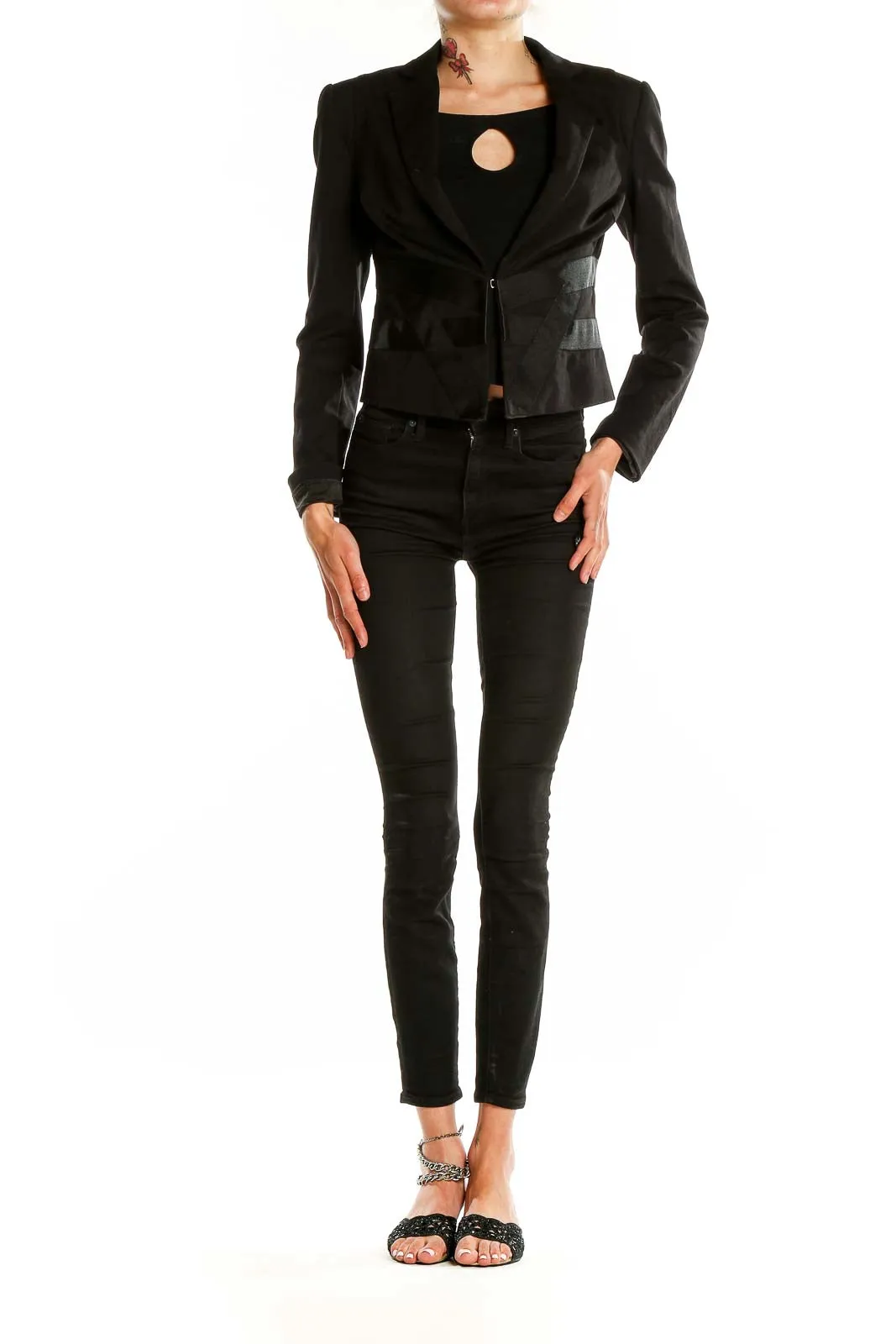 Black Cropped Blazer with Leather Panels