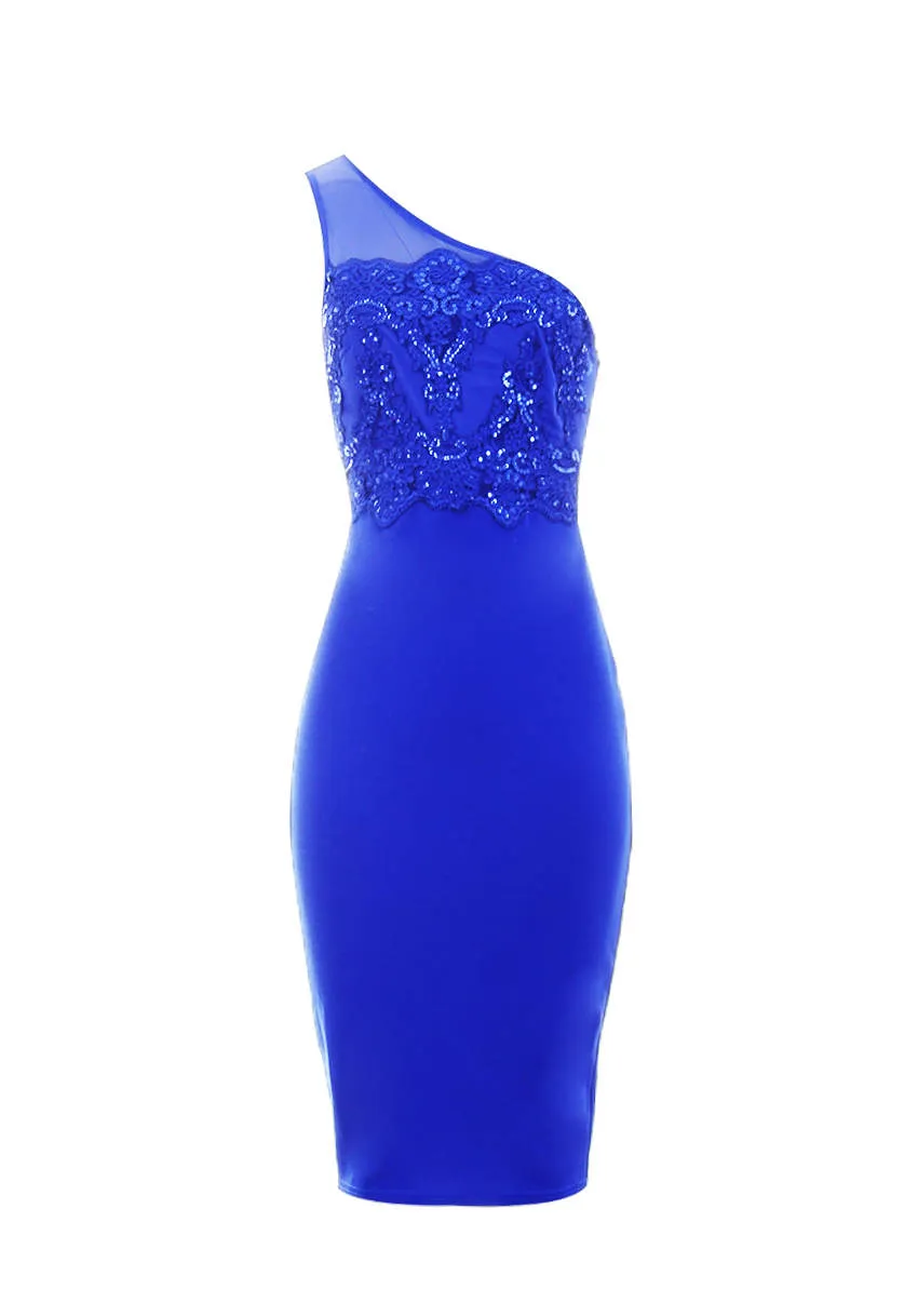 Blue One Shoulder Sequin Embroidered Bodycon