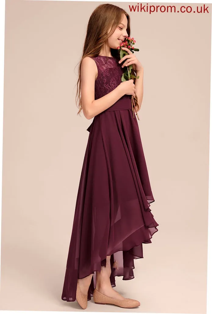 Bow(s) Scoop Lace A-Line Chelsea Junior Bridesmaid Dresses With Neck Asymmetrical Chiffon