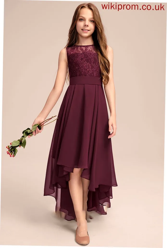 Bow(s) Scoop Lace A-Line Chelsea Junior Bridesmaid Dresses With Neck Asymmetrical Chiffon