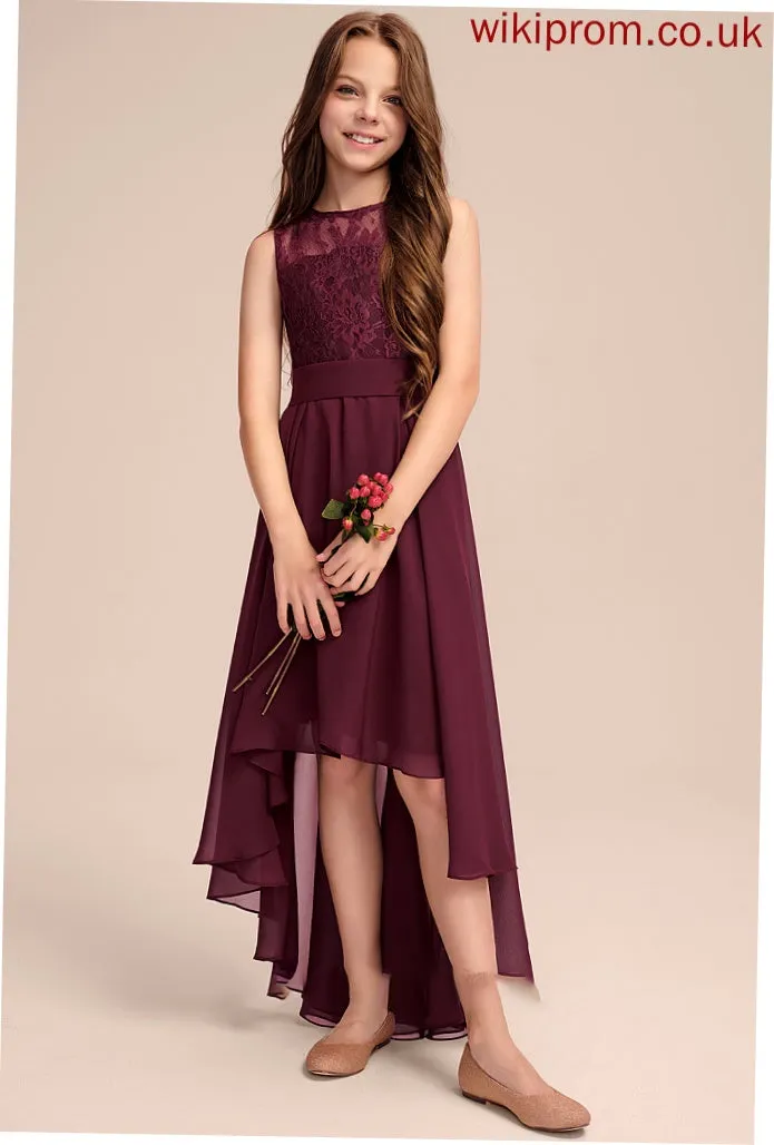 Bow(s) Scoop Lace A-Line Chelsea Junior Bridesmaid Dresses With Neck Asymmetrical Chiffon