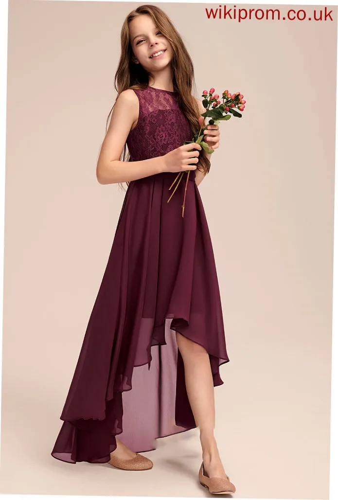 Bow(s) Scoop Lace A-Line Chelsea Junior Bridesmaid Dresses With Neck Asymmetrical Chiffon