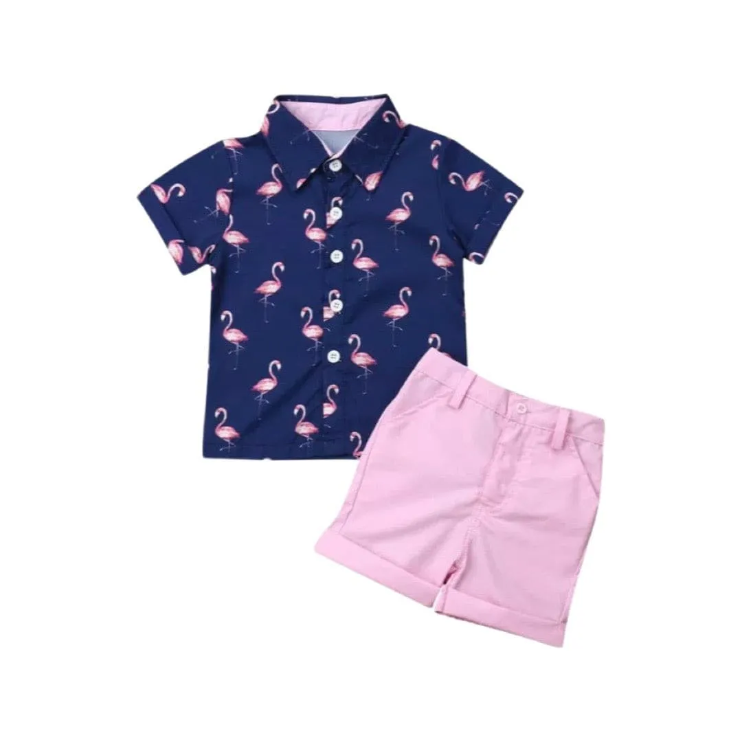 Boys Flamingo Button Shirt & Pink Shorts Set