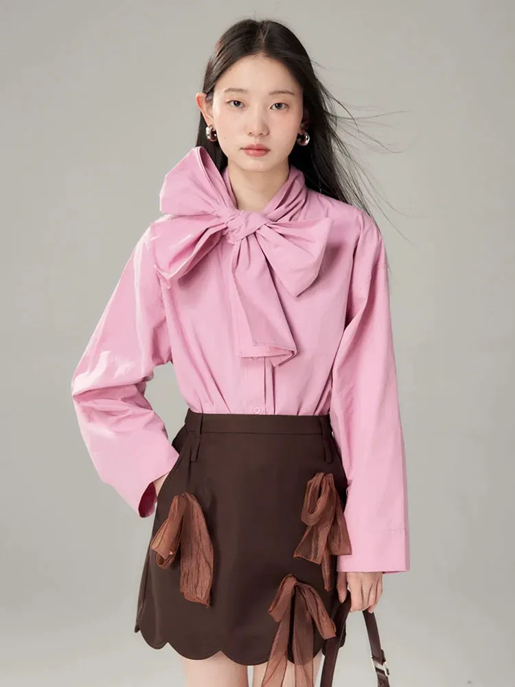 Brown Scalloped Skirt with Sheer Bow Detail