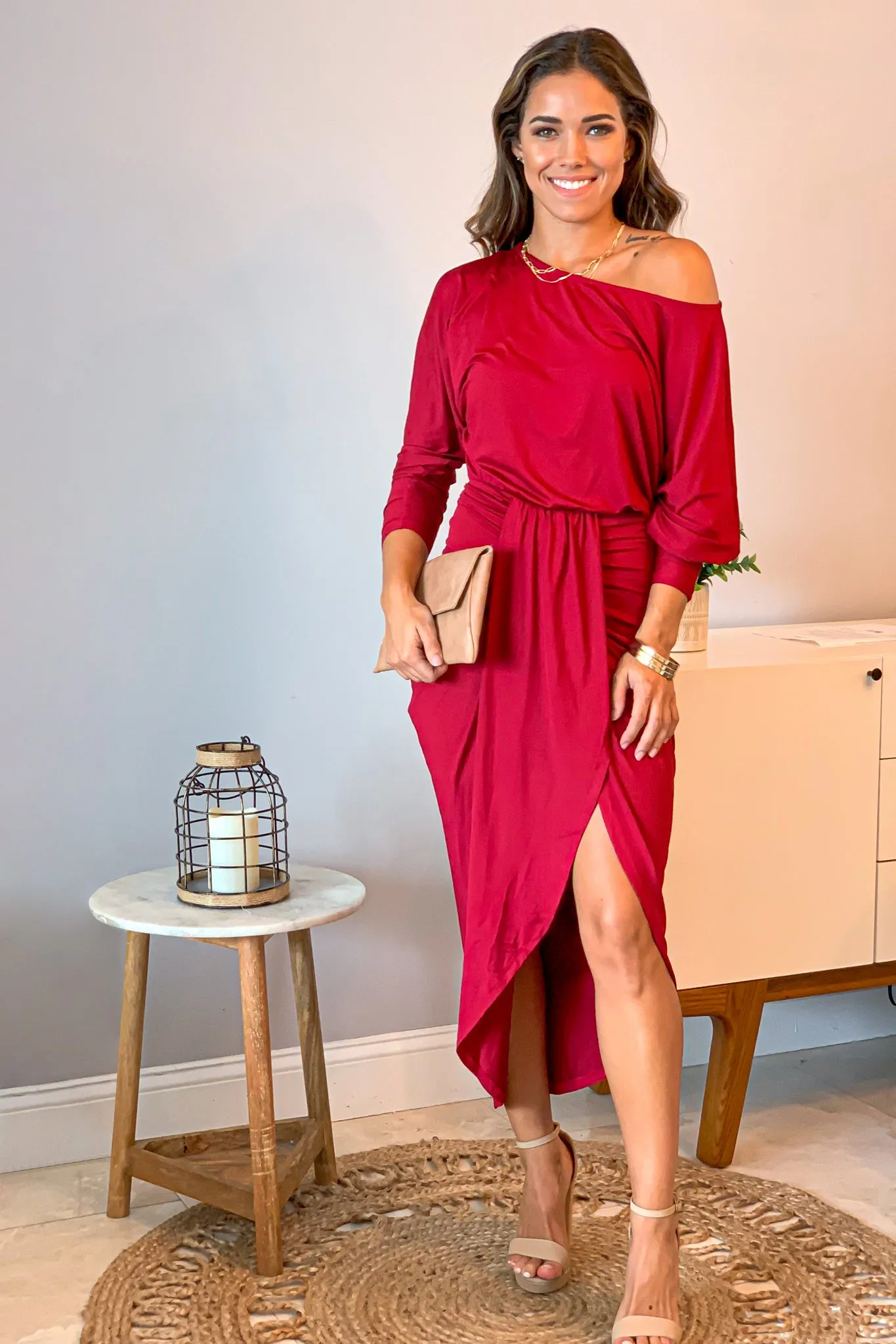 Burgundy One Shoulder Ruched Dress