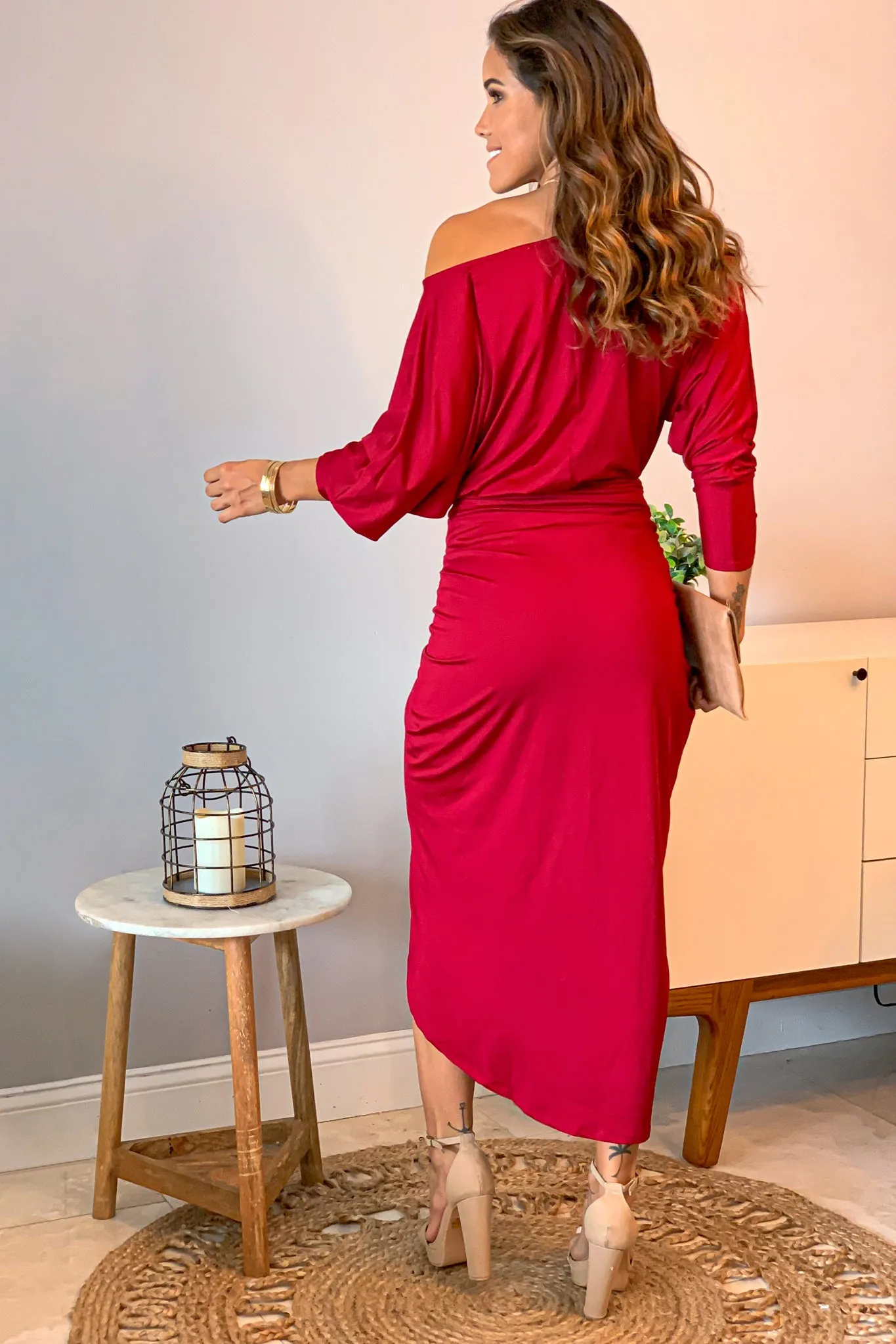 Burgundy One Shoulder Ruched Dress