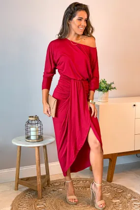 Burgundy One Shoulder Ruched Dress