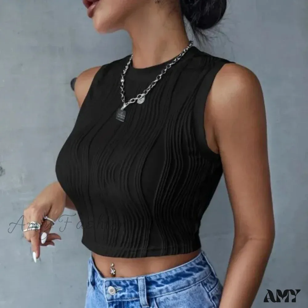 Casual Sleeveless Rib Knit Summer High Street Style Slim Fit Crop Top