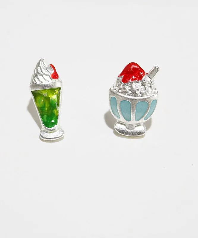 Chic Multicolour Asymmetrical Design Ice Cream And Sundae Metal Silver Stud Earrings