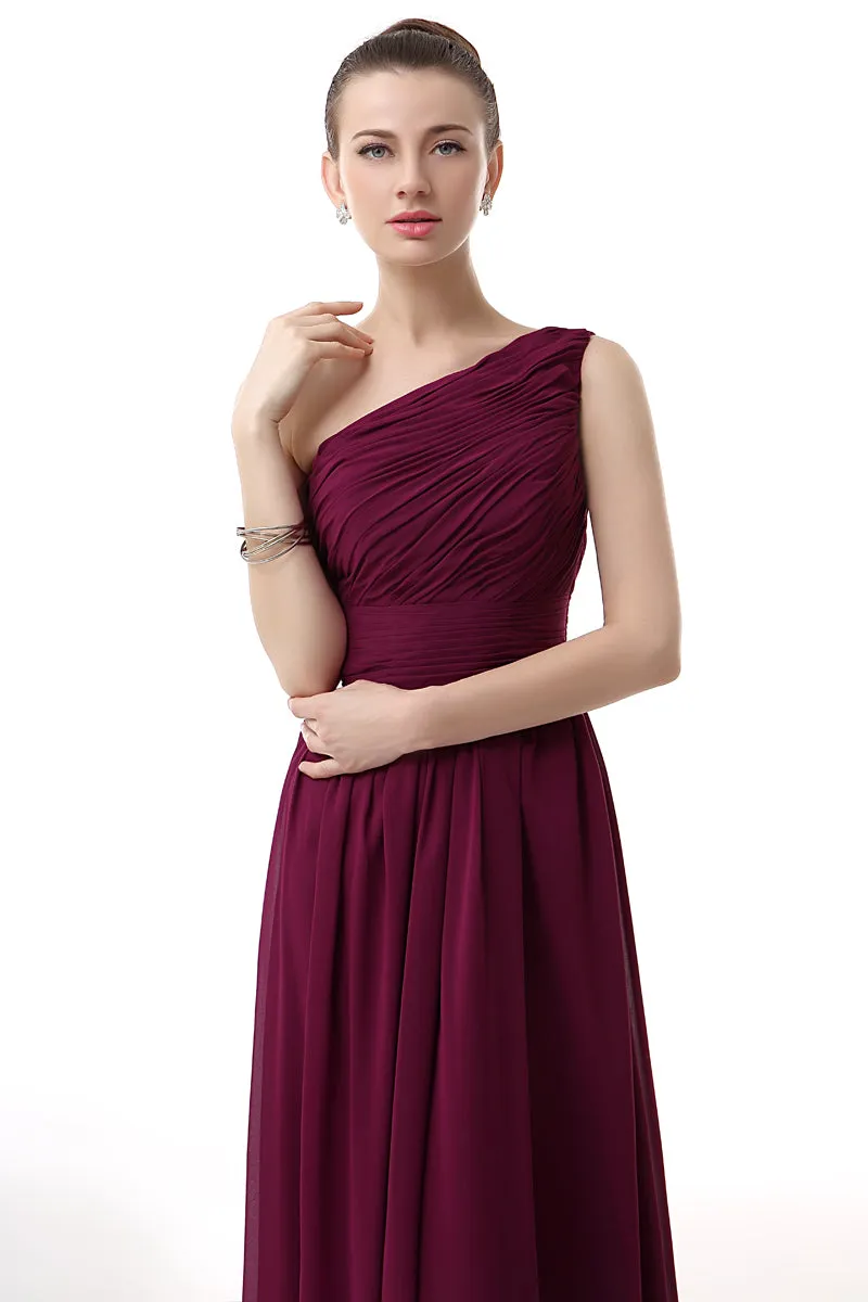 Chiffon One Shoulder Burgundy Prom Dresses