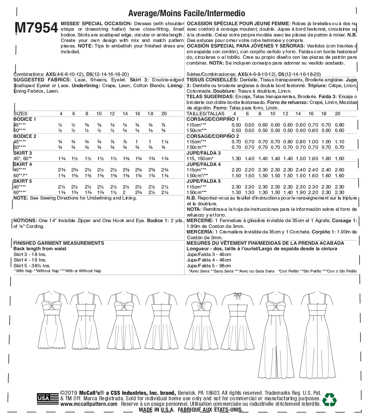 CLEARANCE • McCall's Pattern MISSES' SPECIAL OCCASION DRESSES 7954