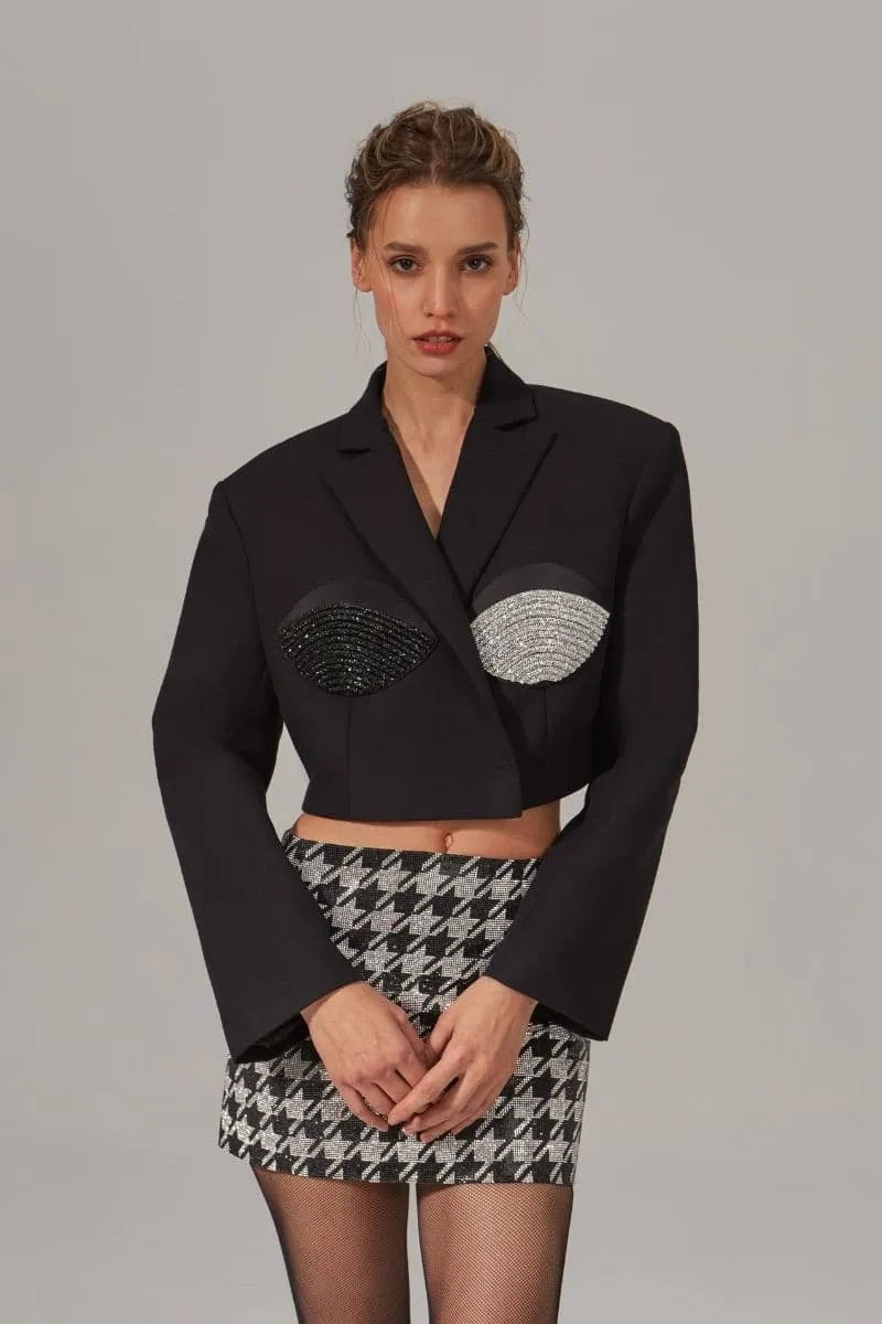 CROPPED SPIRAL BLACK AND SILVER BLAZER