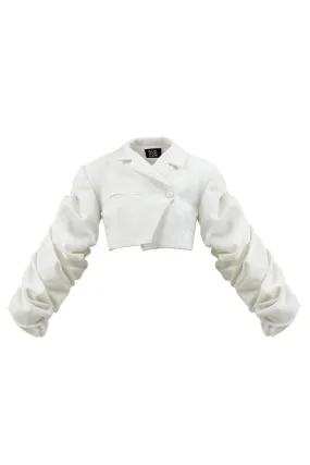 CRUMPLE-SLEEVE CROPPED WHITE BLAZER