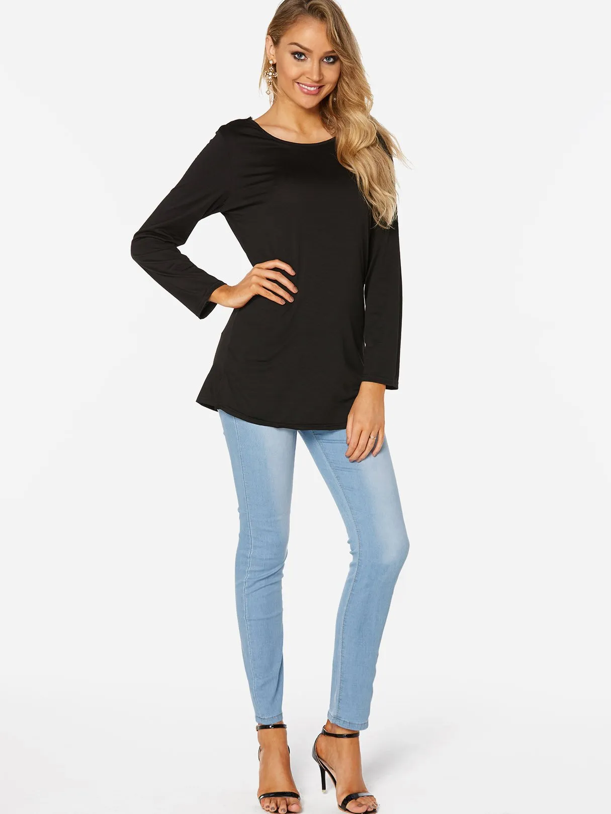 Custom Crew Neck Grid Lace Hollow Slit Long Sleeve T-Shirts