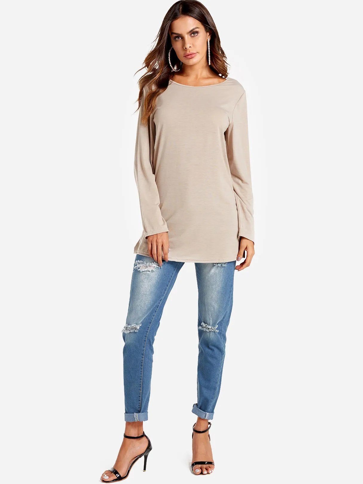 Custom Crew Neck Grid Lace Hollow Slit Long Sleeve T-Shirts