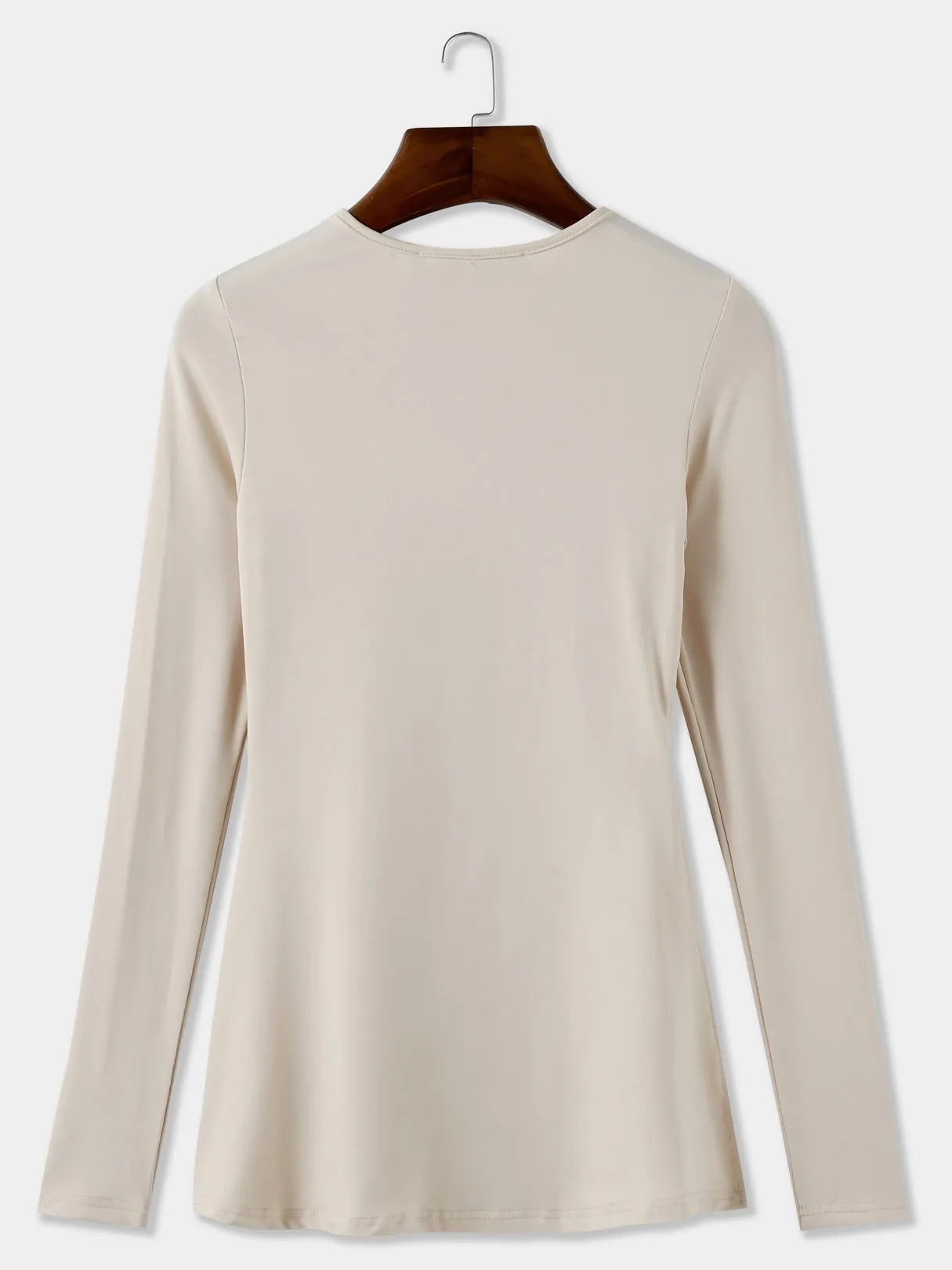 Custom Crew Neck Slit Long Sleeve Beige T-Shirts