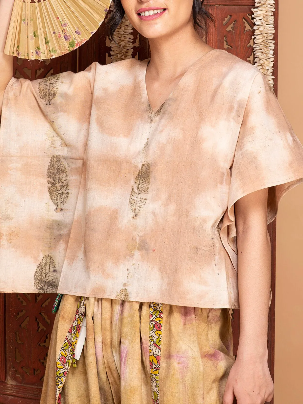 Ecoprinted Handwoven Kimono Crop Top Peach