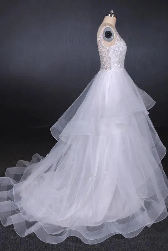 Elegant V-neck Tulle Open Back Wedding Dresses, Asymmetrical Long Bridal Dresses SWK15217