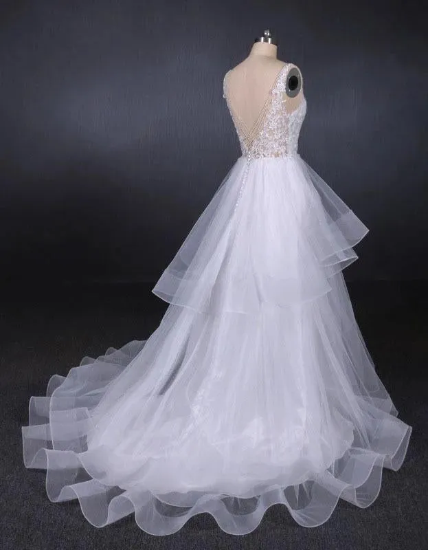 Elegant V-neck Tulle Open Back Wedding Dresses, Asymmetrical Long Bridal Dresses SWK15217