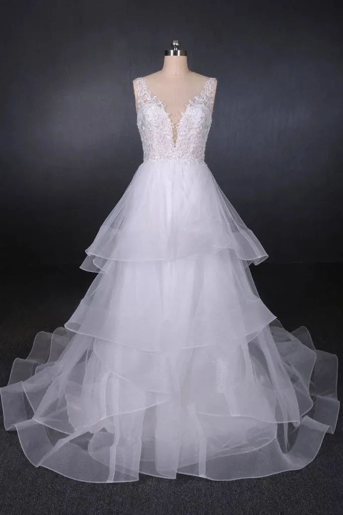 Elegant V-neck Tulle Open Back Wedding Dresses, Asymmetrical Long Bridal Dresses SWK15217